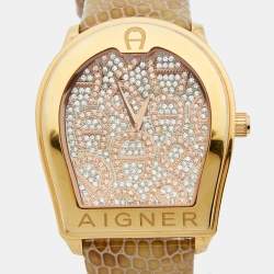 Pre Owned Aigner Gold Plated Stainless Steel Leather Verona A48000 Women's Wristwatch 39 mm