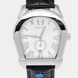 Pre Owned Aigner Silver Stainless Steel Leather Viterbo A10100 Men's Wristwatch 40 mm
