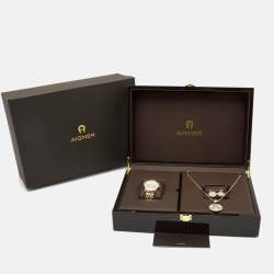 Pre Owned Aigner Mother of Pearl Gold-Plated Stainless Steel Cortina Earring Necklace Set A26300 Women's Wristwatch 36 mm