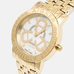 Pre Owned Aigner Mother of Pearl Gold-Plated Stainless Steel Cortina Earring Necklace Set A26300 Women's Wristwatch 36 mm