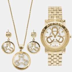 Pre Owned Aigner Mother of Pearl Gold-Plated Stainless Steel Cortina Earring Necklace Set A26300 Women's Wristwatch 36 mm