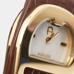 Pre Owned Aigner Mother of Pearl Gold Plated Stainless Steel Leather Capri III A19200 Women's Wristwatch  30 mm