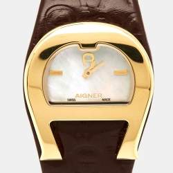 Pre Owned Aigner Mother of Pearl Gold Plated Stainless Steel Leather Capri III A19200 Women's Wristwatch  30 mm