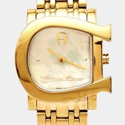 مملوكة مسبقًا Aigner Mother of Pearl Gold Plated Stainless Steel Genua Due A31600 Women's Wristwatch 31 mm