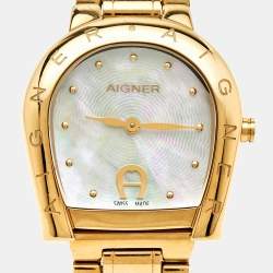 Pre Owned Aigner Mother of Pearl Yellow Gold Plated Stainless Steel Ravenna A122200 Women's Wristwatch 30 mm