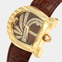 Aigner Brown Gold Plated Stainless Steel Diamond Leather Genua A31000 Women's Wristwatch 31 mm