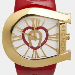 Pre Owned Aigner Cream Gold Plated Stainless Steel Leather Genua A31000 Women's Wristwatch 36 mm 