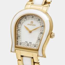 Pre Owned Aigner Mother of Pearl White Ceramic Gold Plated Stainless Steel Altamura A56000 Women's Wristwatch 34 mm
