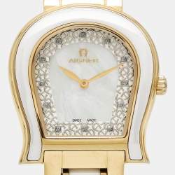 Pre Owned Aigner Mother of Pearl White Ceramic Gold Plated Stainless Steel Altamura A56000 Women's Wristwatch 34 mm