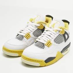 Pre Owned Air Jordans White Leather Jordan 4 Retro Vivid Sulfur Sneakers Size 37.5