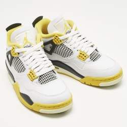 Pre Owned Air Jordans White Leather Jordan 4 Retro Vivid Sulfur Sneakers Size 37.5