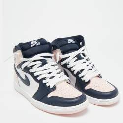 مملوكة مسبقًا حذاء رياضي آير جوردانز جلد جوردان 1 ريترو عنق مرتفع أبيض/موف مقاس 39