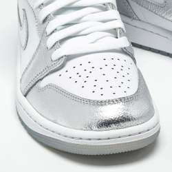 Pre Owned Air Jordans Jordan 1 SE Metallic Size 40.5 Silver/White Leather Mid Top Sneakers