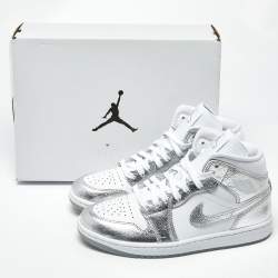Pre Owned Air Jordans Jordan 1 SE Metallic Size 40.5 Silver/White Leather Mid Top Sneakers