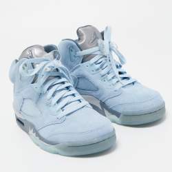 Pre Owned Air Jordans Ice Blue/Graphite Suede And Leather Jordan 5 Retro High Top Sneakers Size 37.5
