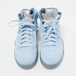 Pre Owned Air Jordans Ice Blue/Graphite Suede And Leather Jordan 5 Retro High Top Sneakers Size 37.5