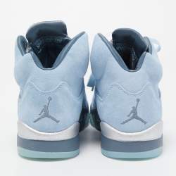 Pre Owned Air Jordans Ice Blue/Graphite Suede And Leather Jordan 5 Retro High Top Sneakers Size 37.5