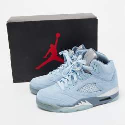 Pre Owned Air Jordans Ice Blue/Graphite Suede And Leather Jordan 5 Retro High Top Sneakers Size 37.5