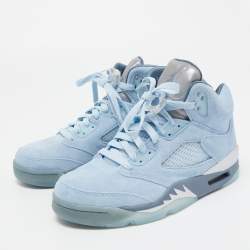 Pre Owned Air Jordans Ice Blue/Graphite Suede And Leather Jordan 5 Retro High Top Sneakers Size 37.5