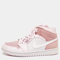 Pre Owned Air Jordans Pink/White Leather and Suede Air Jordan 1 Mid Top Sneakers Size 40.5