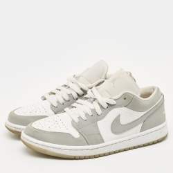 Pre Owned Air Jordans Grey/White Leather Air Jordan 1 SE Lace Up Sneakers Size 40.5