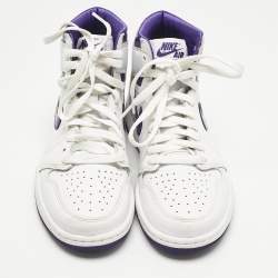 Pre Owned Air Jordans White/Purple Leather Air Jordan 1 High Top Sneakers Size 38.5