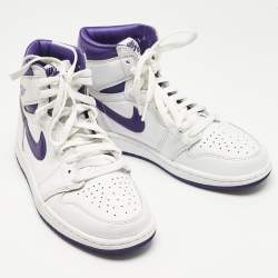 Pre Owned Air Jordans White/Purple Leather Air Jordan 1 High Top Sneakers Size 38.5