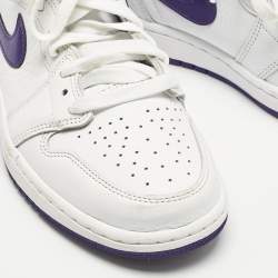 Pre Owned Air Jordans White/Purple Leather Air Jordan 1 High Top Sneakers Size 38.5