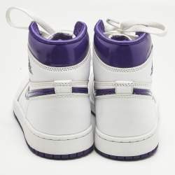 Pre Owned Air Jordans White/Purple Leather Air Jordan 1 High Top Sneakers Size 38.5
