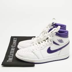 Pre Owned Air Jordans White/Purple Leather Air Jordan 1 High Top Sneakers Size 38.5