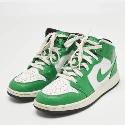 Pre Owned Air Jordans Green/White Leather Jordan 1 Retro High Top Sneakers Size 38