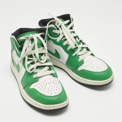Pre Owned Air Jordans Green/White Leather Jordan 1 Retro High Top Sneakers Size 38