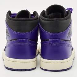 Pre Owned Air Jordans Purple/Black Leather Jordan 1 Mid Sneakers Size 36.5