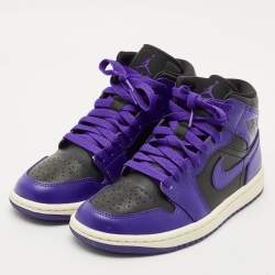 Pre Owned Air Jordans Purple/Black Leather Jordan 1 Mid Sneakers Size 36.5