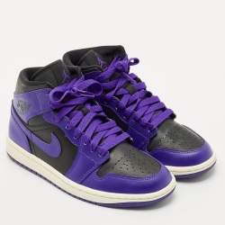 Pre Owned Air Jordans Purple/Black Leather Jordan 1 Mid Sneakers Size 36.5