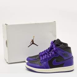 Pre Owned Air Jordans Purple/Black Leather Jordan 1 Mid Sneakers Size 36.5