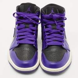 Pre Owned Air Jordans Purple/Black Leather Jordan 1 Mid Sneakers Size 36.5