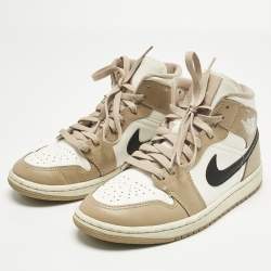 Pre Owned Air Jordans Multicolor Leather Jordan 1 Mid SE Desert Sail Sneakers Size 37.5