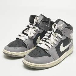 Pre Owned Air Jordans Multicolor Leather Jordan 1 Mid Cement Grey Sneakers Size 37.5