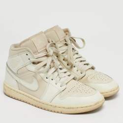 Pre Owned Air Jordans White/Beige Leather Air Jordan 1 High Top Sneakers Size 38