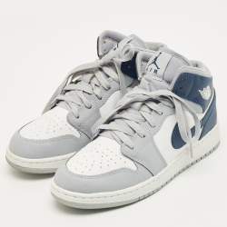 Pre Owned Air Jordan Grey/Navy Blue Leather 1 Mid Wolf Grey Midnight Navy Sneakers Size 38