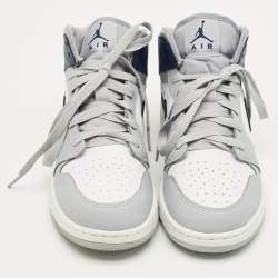 Pre Owned Air Jordan Grey/Navy Blue Leather 1 Mid Wolf Grey Midnight Navy Sneakers Size 38