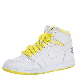 Pre Owned Air Jordan White Leather 1 Retro High First Class Flight High Top Sneakers Size 38.5
