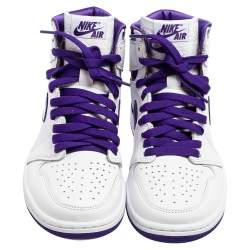 Pre Owned Air Jordan 1 White/Purple Leather Retro High OG Court Sneakers Size 38.5