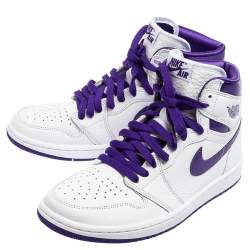 Pre Owned Air Jordan 1 White/Purple Leather Retro High OG Court Sneakers Size 38.5