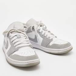 Pre Owned Air Jordan White/Grey Leather Air Jordan 1 Low Top Sneakers Size 40