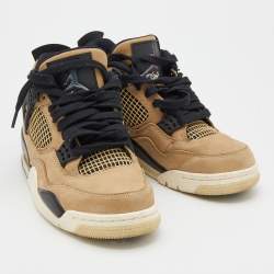 Pre Owned Air Jordans Beige/Black Nubuck Leather and Rubber Retro 4 High Top Sneakers Size 37.5