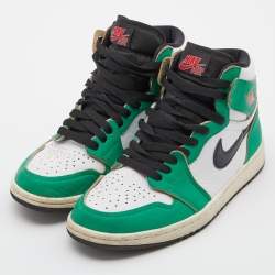 Pre Owned Air Jordans Green/White Leather 1 Retro High Top Sneakers Size 37.5