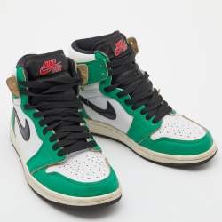 Pre Owned Air Jordans Green/White Leather 1 Retro High Top Sneakers Size 37.5