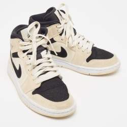 Pre Owned Air Jordans Beige/Black Nubuck Leather Jordan 1 Mid Barely Orange Sneakers Size 36